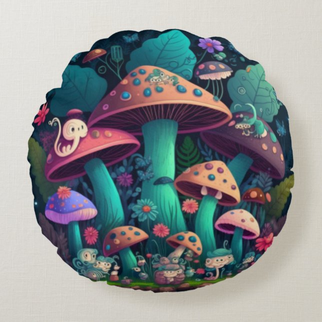Lovely cute elves play under mushrooms  round pillow (Front)
