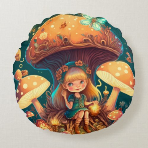 Lovely cute elves play under mushrooms     round pillow