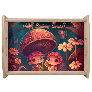 Lovely cute elves play under mushrooms serving tray