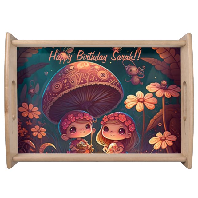 Lovely cute elves play under mushrooms          serving tray (Front)
