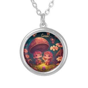 Lovely cute elves play under mushrooms             silver plated necklace