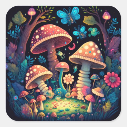 Lovely cute elves play under mushrooms     square sticker