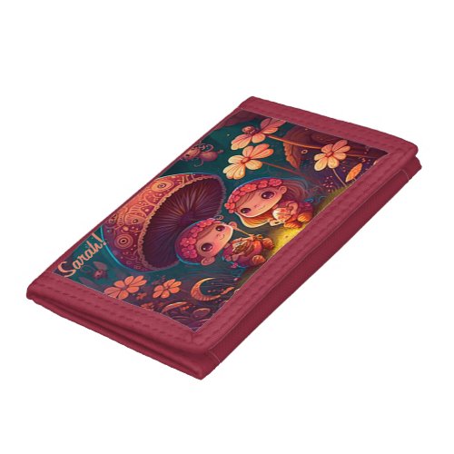 Lovely cute elves play under mushrooms          trifold wallet