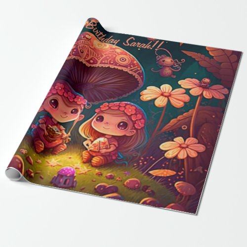 Lovely cute elves play under mushrooms         wrapping paper