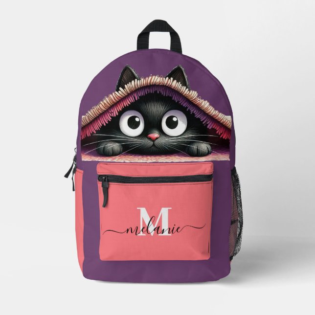 Lovely Cute Kitten Custom Monogram Script Name Printed Backpack (Front)