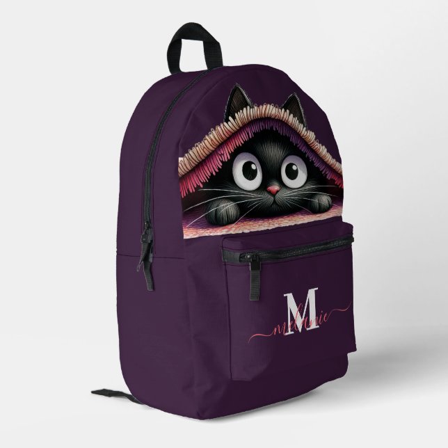 Lovely Cute Kitten Custom Monogram Script Name Printed Backpack (Back Corner Left)