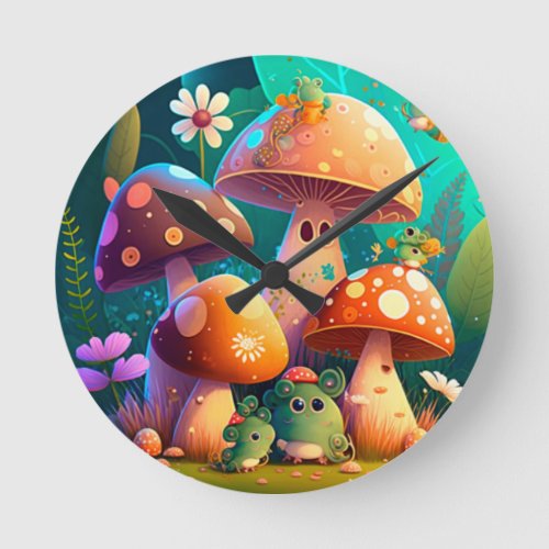 Lovely cute mushrooms     round clock