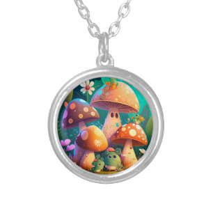 Lovely cute mushrooms silver plated necklace