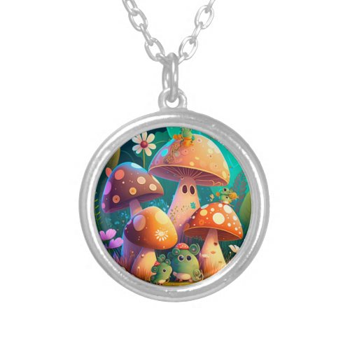 Lovely cute mushrooms    silver plated necklace