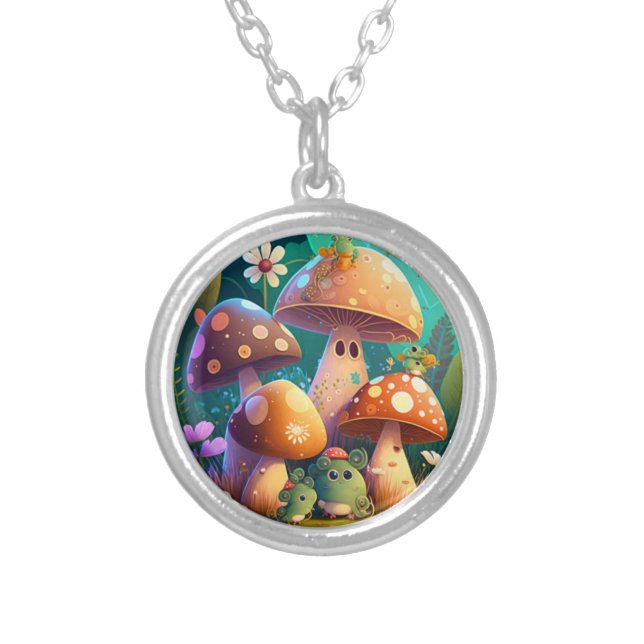 Lovely cute mushrooms    silver plated necklace (Front)