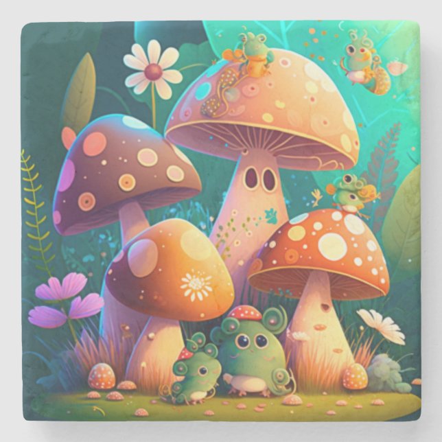 Lovely cute mushrooms  stone coaster (Front)
