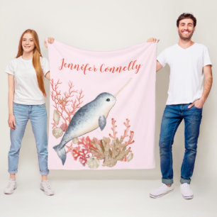 Lovely cute ocean baby Narwhal & seashells Fleece Blanket