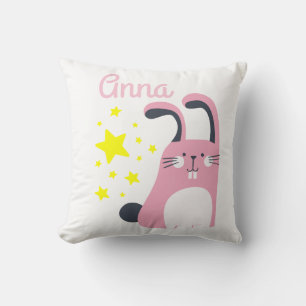 Lovely cute pink cartoon bunny with name throw pillow