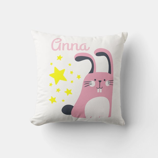 Lovely cute pink cartoon bunny with name throw pillow (Front)