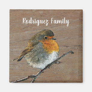 Lovely cute robin bird on wood family name magnet