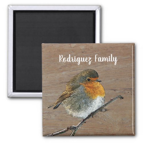 Lovely cute robin bird on wood family name magnet