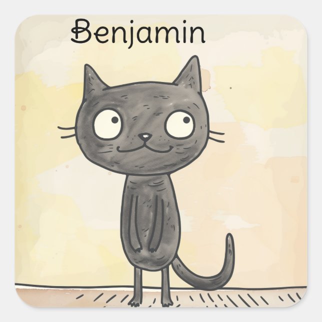 Lovely Cute Whimsical Cartoon Black Cat Square Sticker (Front)