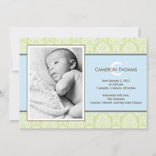 Lovely Damask Baby Boy Birth Announcement