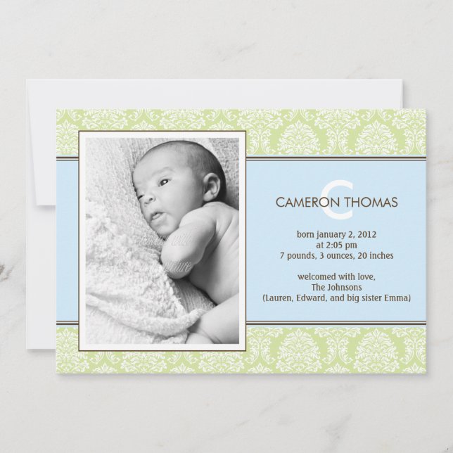 Lovely Damask Baby Boy Birth Announcement (Front)
