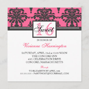Lovely Damask Black & Hot Pink Sweet 16 Invitation