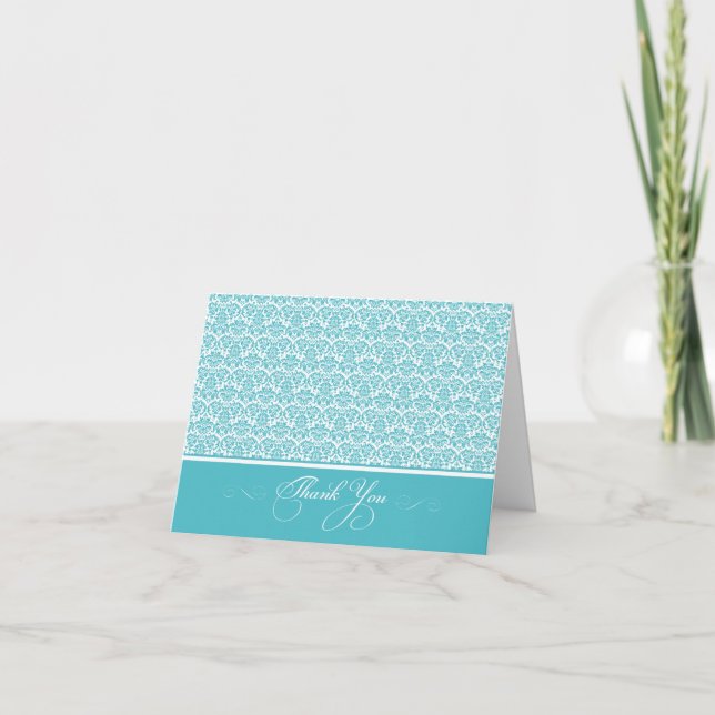 Lovely Damask Photo Thank You Card (aqua/white) (Front)