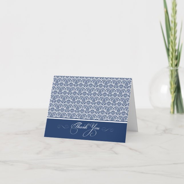 Lovely Damask Photo Thank You Card (navy/white) (Front)