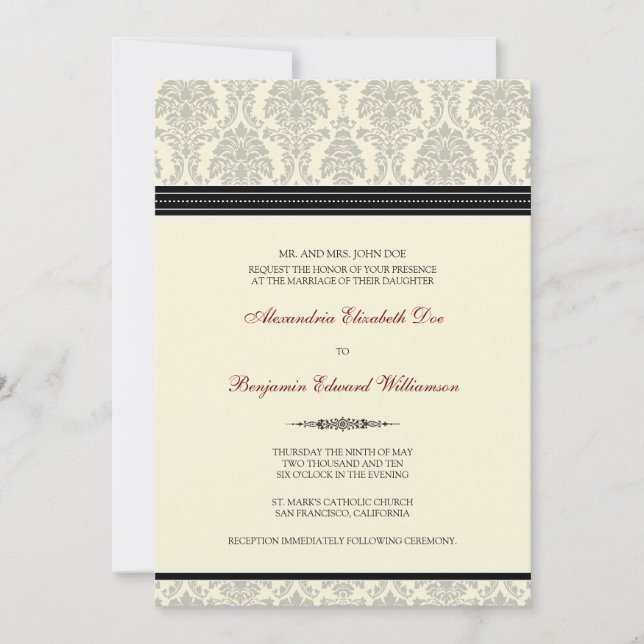 Lovely Damask Wedding Invitation (black/cream) (Front)