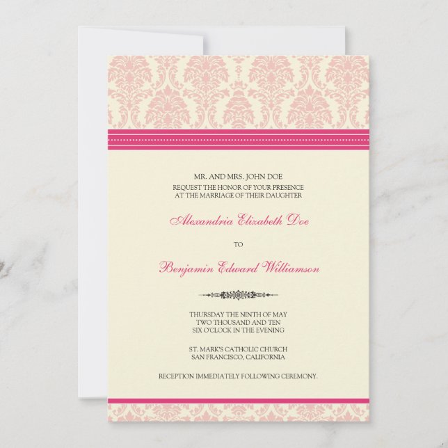 Lovely Damask Wedding Invitation (fuchsia/cream) (Front)