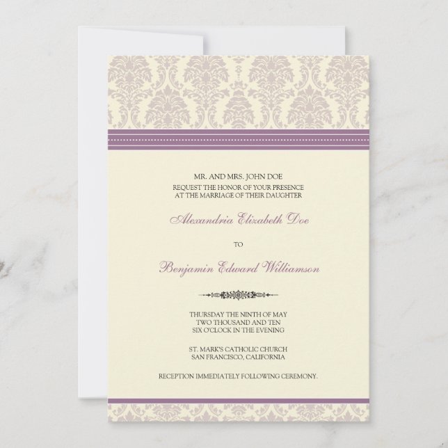 Lovely Damask Wedding Invitation (lilac/cream) (Front)