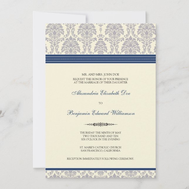 Lovely Damask Wedding Invitation (navy/cream) (Front)