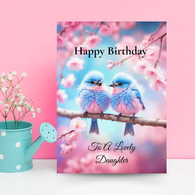 Lovely Daughter Pastel Fluffy Bluebirds Birthday Card (Charming daughter's birthday: Fluffy bluebirds and cherry blossoms in pastel hues.)