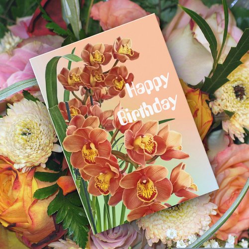 Lovely Deep Orange Winter Orchids Birthday Card