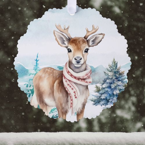 Lovely Deer with Red Scarf in Snowy Forest w Name Ornament Card