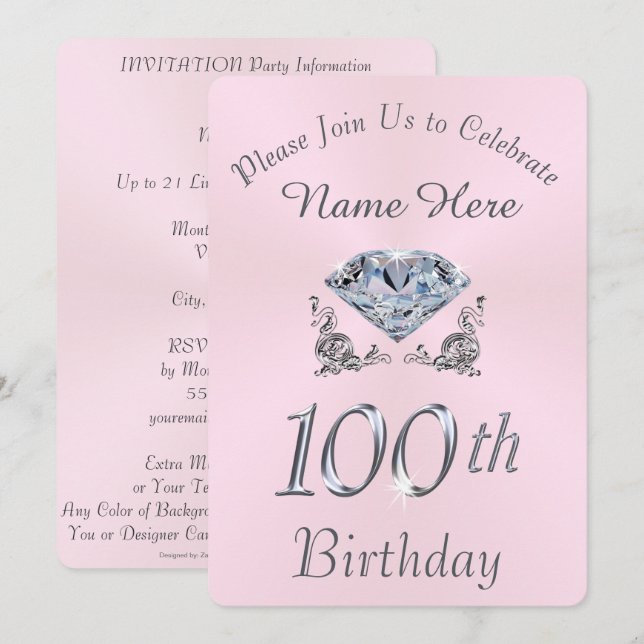 Lovely Diamond 100th Birthday Party Invitations (Front/Back)