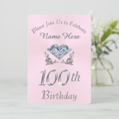 Lovely Diamond 100th Birthday Party Invitations (Standing Front)