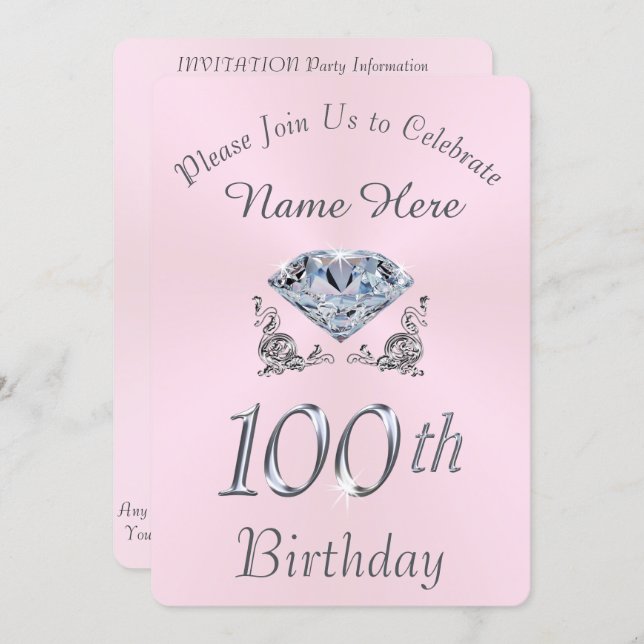 Lovely Diamond 100th Birthday Party Invitations (Front/Back)