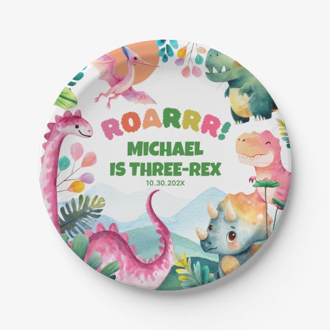 Lovely Dinosaur Dig Prehistoric Kids 3rd Birthday  Paper Plates (Front)
