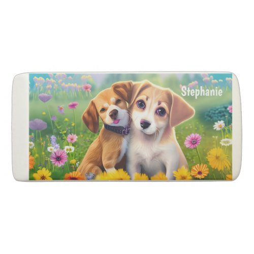 Lovely Dogs in a Flower Meadow Personalized Name Eraser