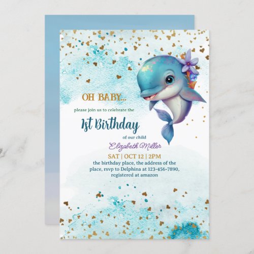 Lovely Dolphin Cute Baby Girl 1st Birthday Invitat Invitation