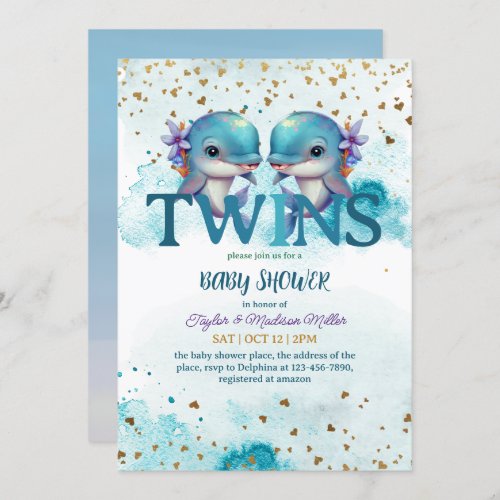 Lovely Dolphin Cute Baby Twin Boys Shower Invitation
