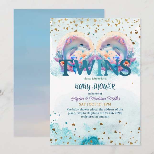 Lovely Dolphin Cute Baby Twins Shower Invitation (Front/Back)