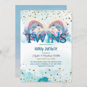 Lovely Dolphin Cute Baby Twins Shower Invitation