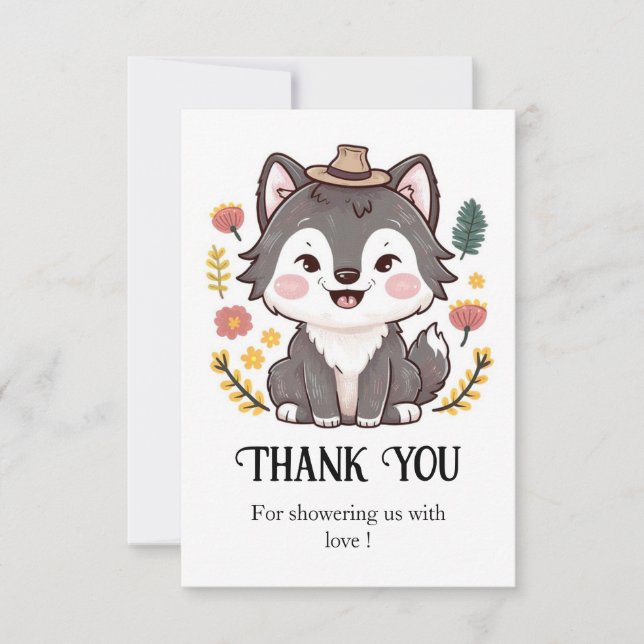 Lovely Dreamy Wolf Baby Shower Thank You Card (Front)