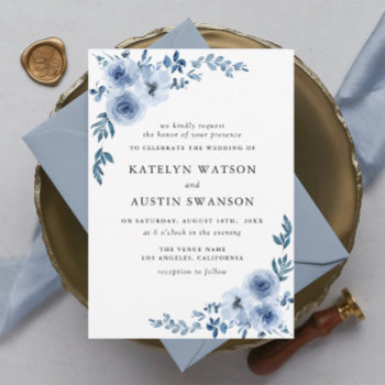 Lovely Dusty Blue Floral Wedding Invitation by classiqshopp at Zazzle