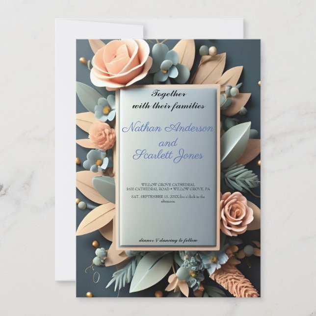 lovely dusty blue floral wedding invitation (Front)