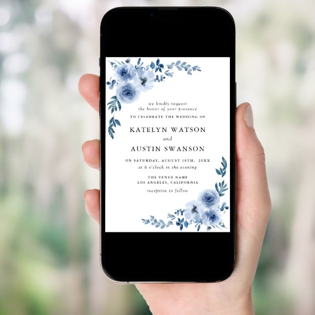 lovely dusty blue floral wedding invitation (Front Digital)