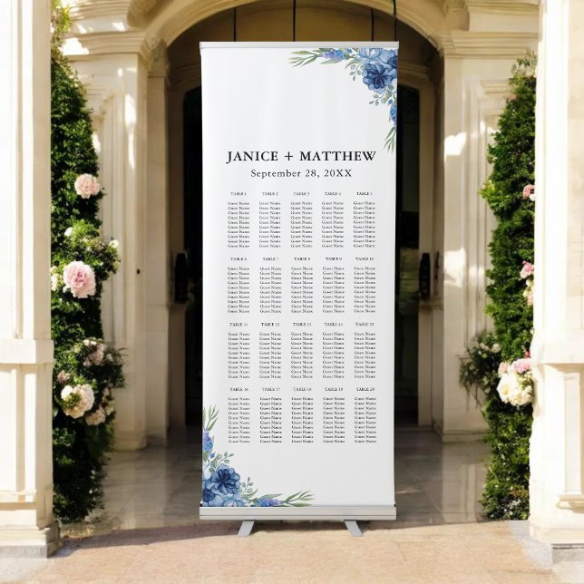 Lovely Dusty Blue Floral Wedding Seating Charts Retractable Banner (Creator Uploaded)