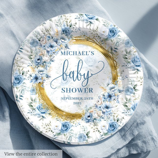 Lovely dusty blue flowers gold personalized baby  paper plates (Lovely dusty blue flowers gold personalized baby Paper Plates)