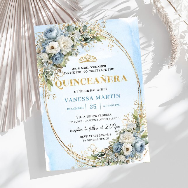 Lovely Dusty Blue Gold Greenery Quinceañera Invite (Lovely Dusty Blue Gold Greenery Quinceañera Invite

)