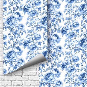 Lovely Dusty Blue Toile Roses Floral Pattern Wallpaper
